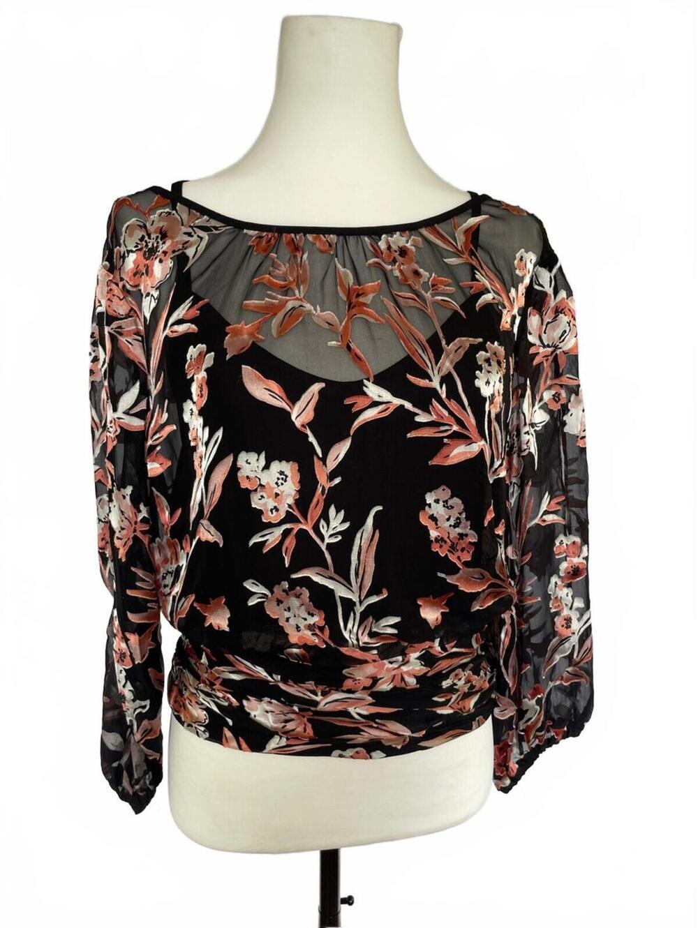 WHBM Petite 6 Black Sheer Floral Blouse Whimsigoth Dark Romantic Ethereal